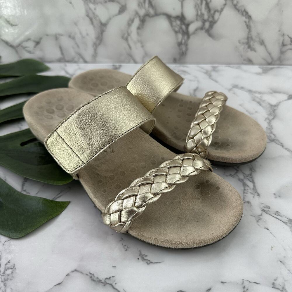 Vionic Womens Jeanne Sandals Size 7 Gold Leather Braided Comfort Flat Slip On